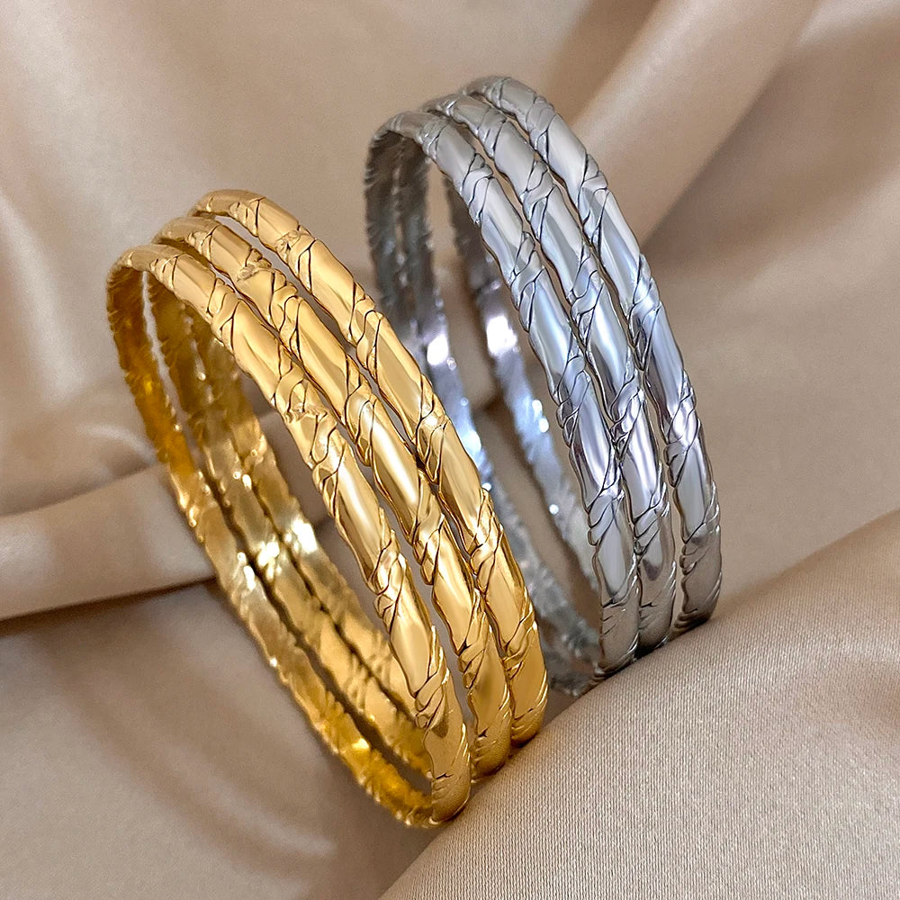 3Pcs Gold Plated Twist Stainless Steel Bangle Bracelet Set for Women – Waterproof Tibetan Buddha Stackable Wrist Jewelry