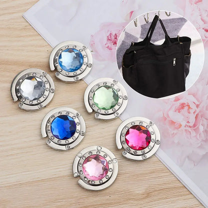 Portable Diamond Folding Bag Hook - Metal Foldable Handbag Hanger for Tables, Elegant Purse Table Hook, Compact Desk Accessory