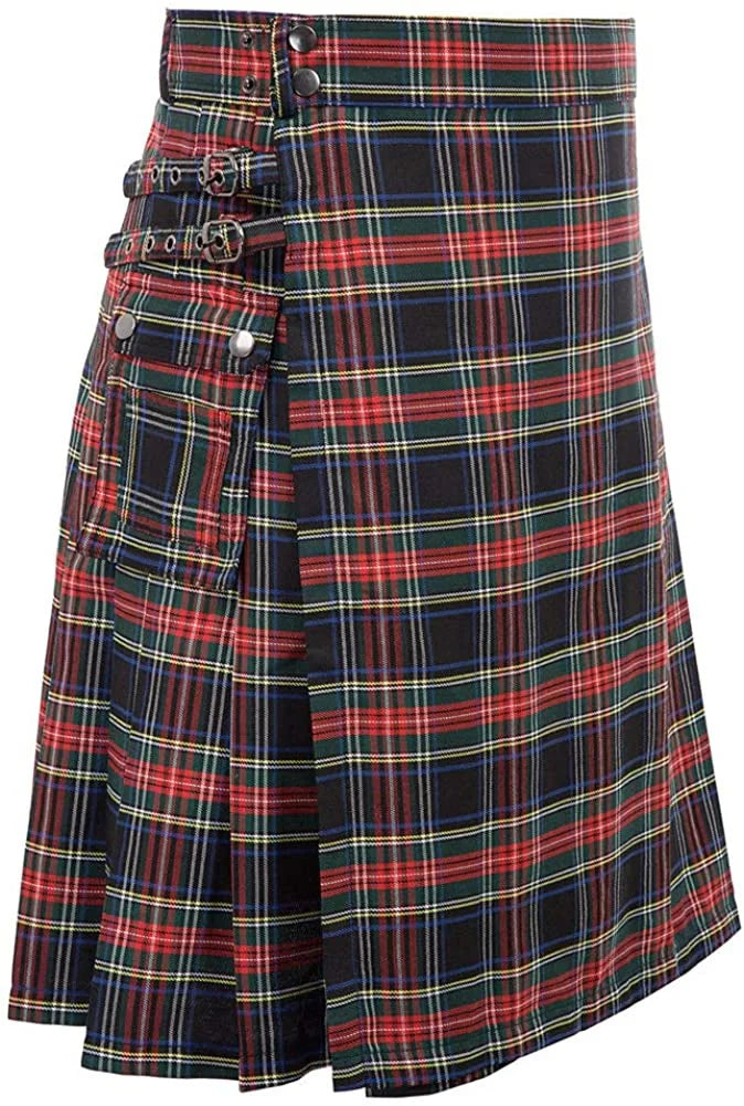 Men's Tartan Kilt Skirt – Traditional Highland Utility Kilt with Pockets, Gothic Punk Vintage Style