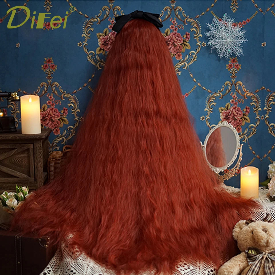 120cm Long Wavy Synthetic Wig - Female Red Brown Lolita Style with Bangs, Natural Hair Look, Heat Resistant Fiber