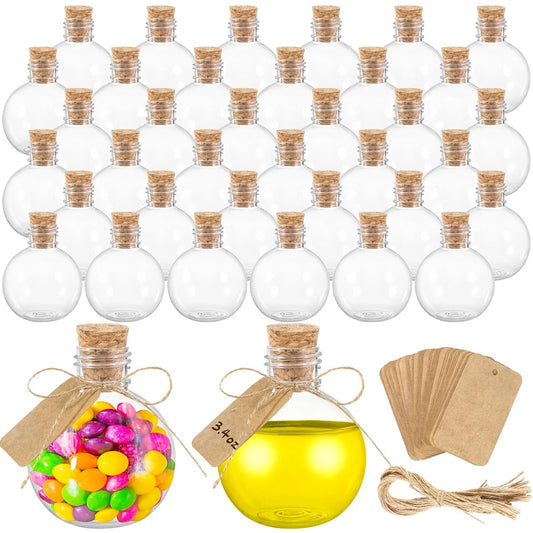 Spherical Plastic Potion Bottles - 3.4oz Round Ball Bottles with Corks & Tags for Sand Art, Candy & Decoration