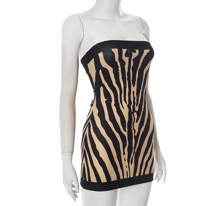 Zebra Stripe Strapless Mini Dress - Women's Backless A Line Bodycon Sleeveless Autumn Winter Outfit