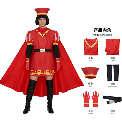 Lord Farquaad Cosplay Costume Set - Medieval Red Cloak, Uniform, Gloves & Hat for Halloween Parties and Events