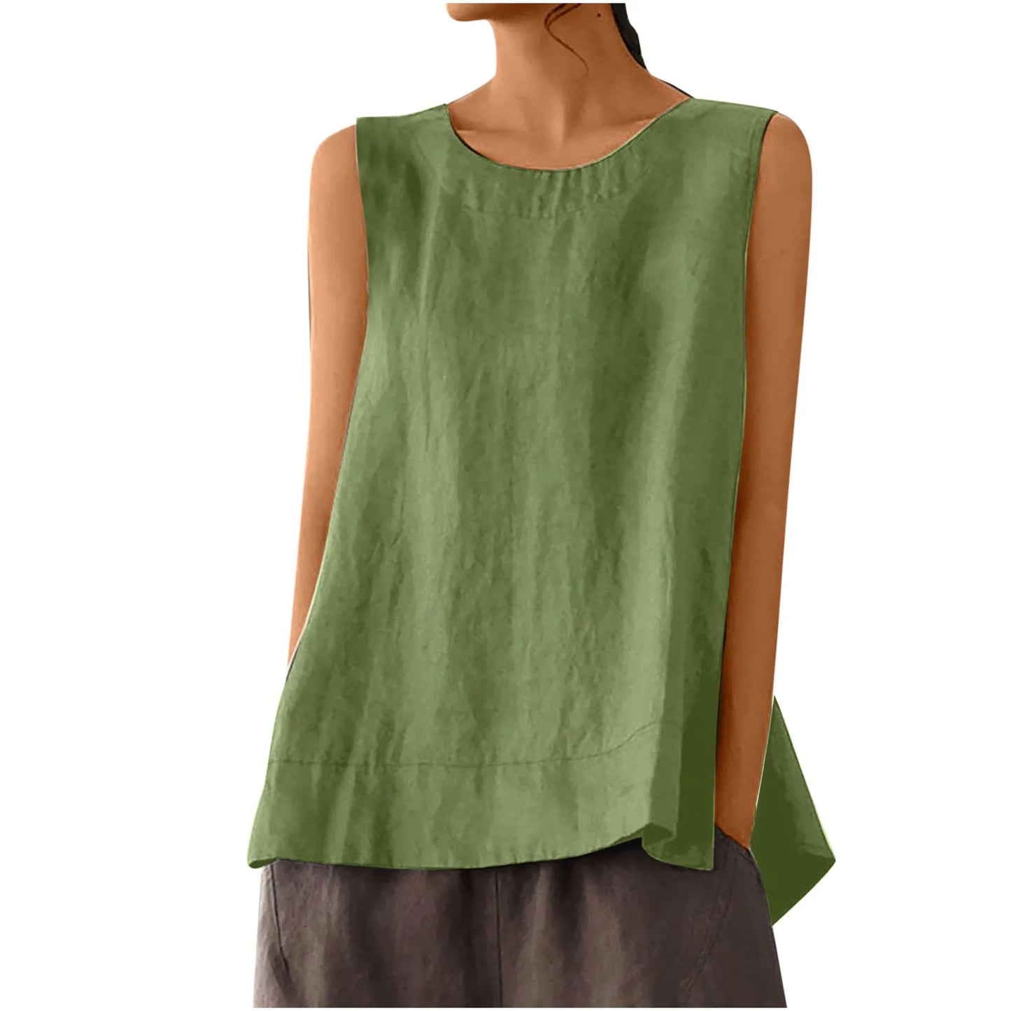 Women’s Summer Oversized Linen Vest Top - Retro Solid Color Sleeveless Round Neck Casual Breathable Shirt