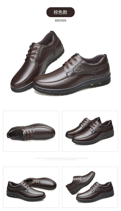 Men's Genuine Leather Casual Shoes - Soft Sole Lace-Up Loafers, Luxury Brand for Middle-Aged & Older Adults, Lightweight Dad Shoes