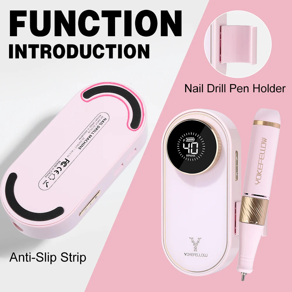 YOKEFELLOW Professional Nail Drill – 40000RPM Rechargeable Electric Nail E-File, Cordless for Acrylic & Gel Nails