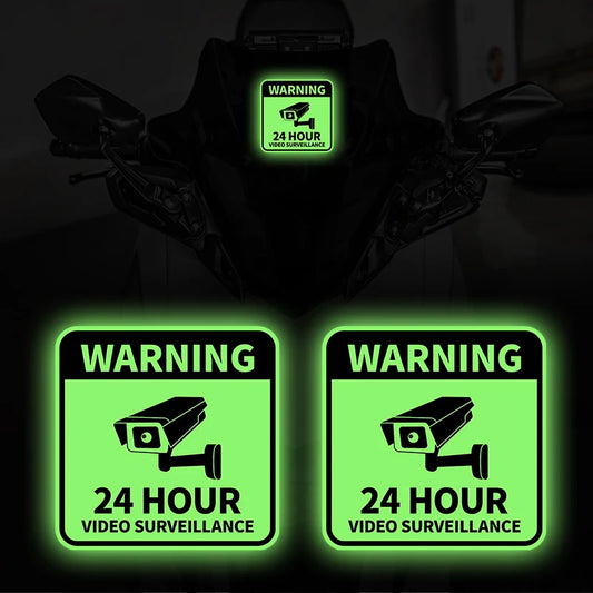 24-Hour Video Surveillance Glow Warning Sticker – Motorcycle & Car Glow-in-the-Dark Decals for Helmet, Fairing, Window & Bumper Safety