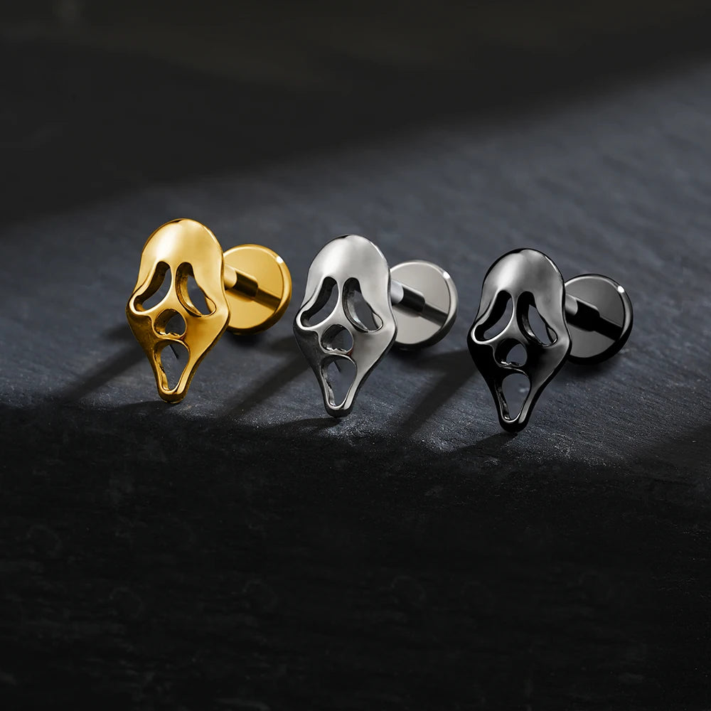 Right Grand ASTM F136 Titanium 16G Ghost Face Flat Back Earring – Halloween CZ Cartilage Stud for Helix, Labret & Nose Piercing Jewelry