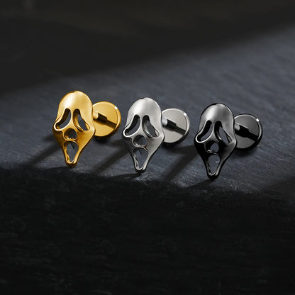 Right Grand ASTM F136 Titanium 16G Ghost Face Flat Back Earring – Halloween CZ Cartilage Stud for Helix, Labret & Nose Piercing Jewelry