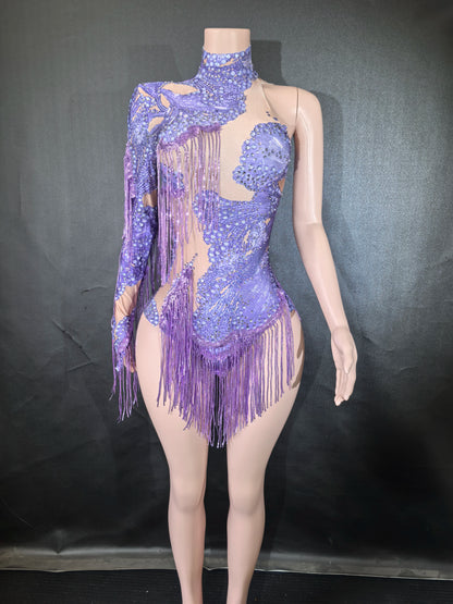 Sexy Blue Rhinestone Skinny Leotard – One-Shoulder Fringe Dance Costume for Singers & Dancers