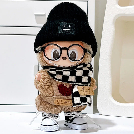 17cm Labubu V1/V2 Doll Outfit – Color Match Hoodie & Plaid Overalls Set | Fashion Doll Clothes & Accessories