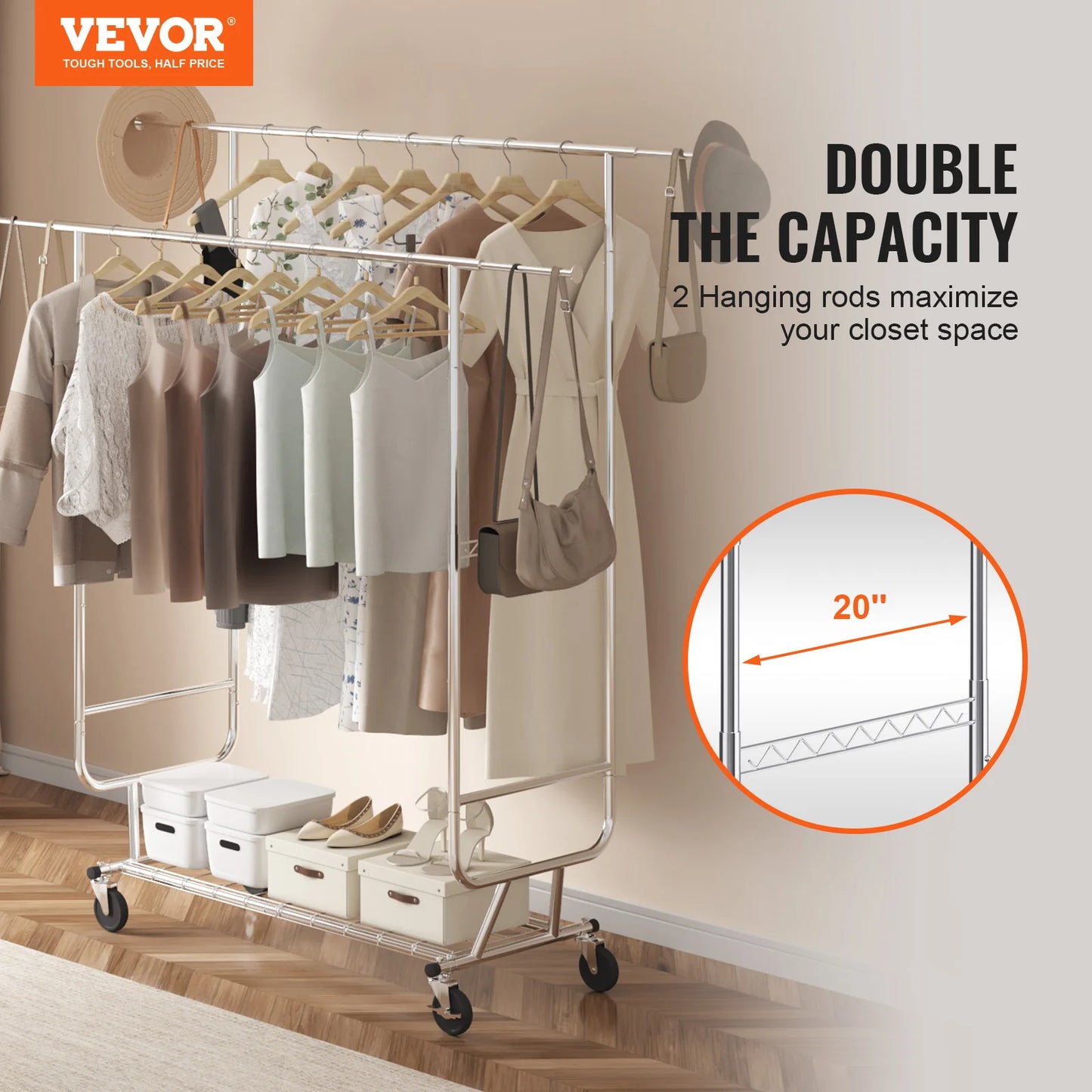 VEVOR Heavy Duty Garment Rack – Adjustable Length Clothes Rack with Bottom Shelf & Wheels for Laundry Room
