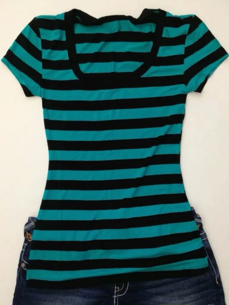 Y2K Stripe Pattern Cotton T-Shirt – Casual Chic Slim Fit Women’s Urban Streetwear Harajuku Emo Hip Hop Aesthetic Top