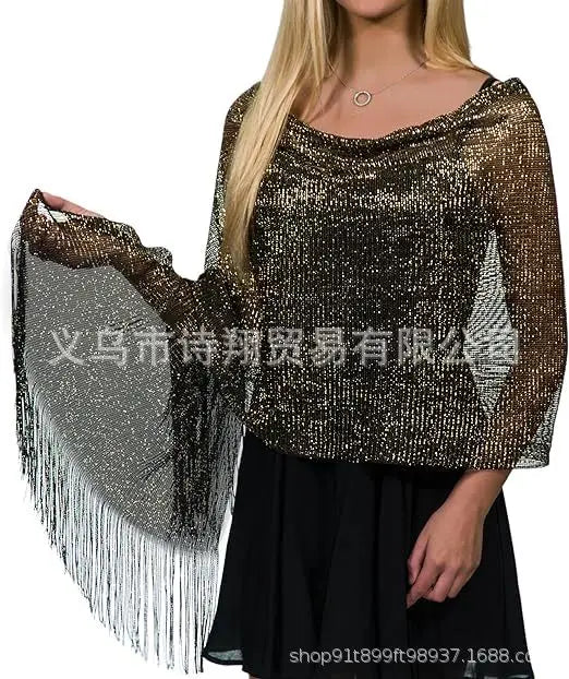 Gold & Silver Thread Tassel Scarf – Elegant Beach, Wedding & Party Fashion Shawl Accessory SJ15