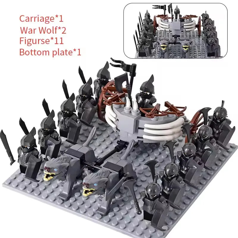 MOC Medieval LOTR Figures — Black Wolves & Mounted Chariots Action Dolls, Assembled Brick Building Blocks Toy