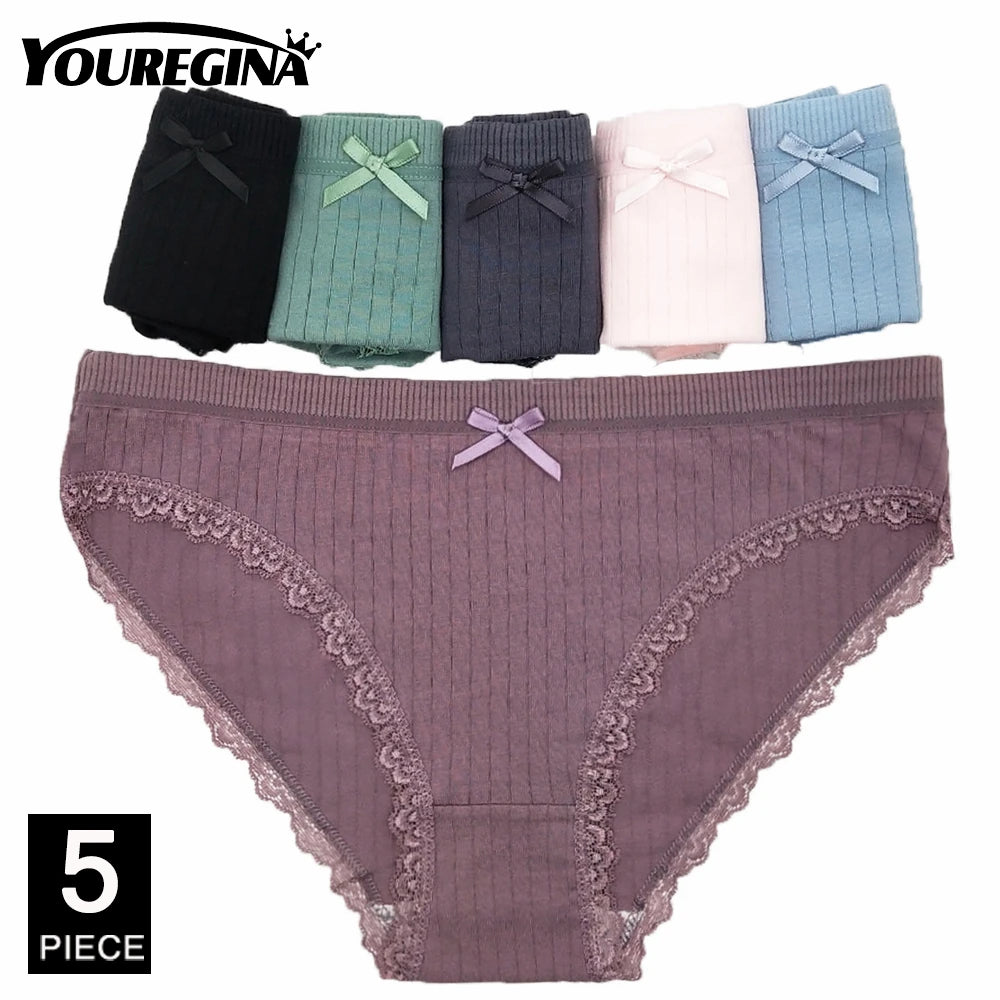 Women’s Cotton Lace Panties Set - 5Pcs Sexy Bikini Briefs with Striped Print Underwear for Ladies & Girls