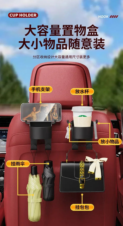 Car Seat Headrest Hook Hanger – Multi-Purpose Storage Organizer with Cup Holder for Handbags & Auto Accessories