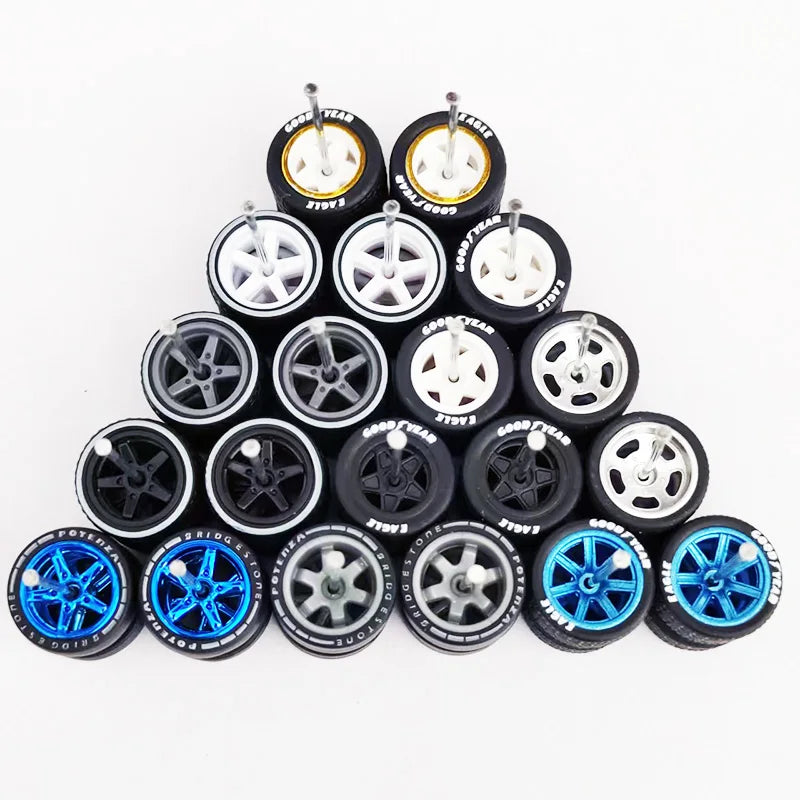 1:64 Alloy Car Wheels & Rubber Tires Set - Replacement Axles for Hot Wheels, Matchbox & Model Cars