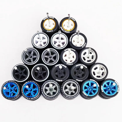 1:64 Alloy Car Wheels & Rubber Tires Set - Replacement Axles for Hot Wheels, Matchbox & Model Cars