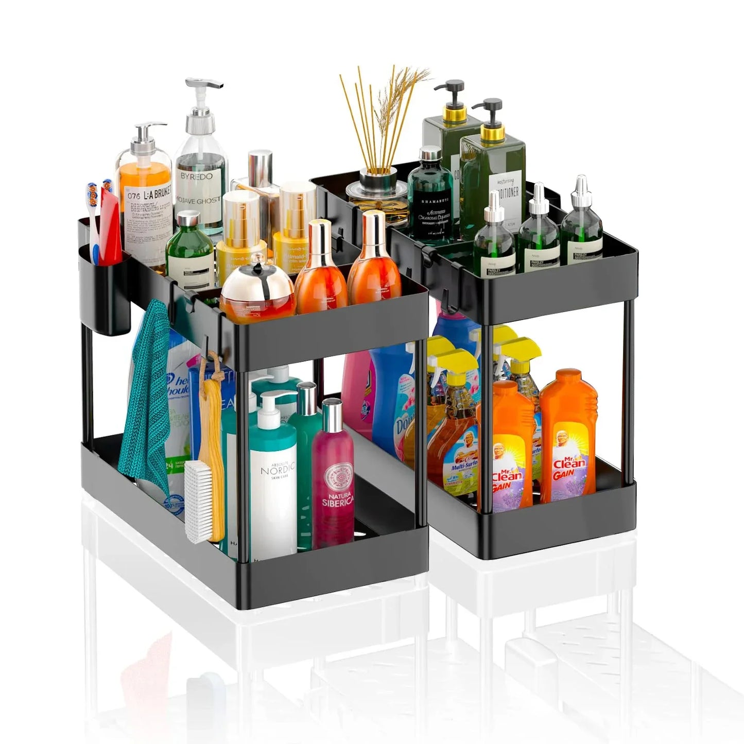 2-Tier Under Sink Sliding Cabinet Organizer — Basket Storage Rack with Hooks for Bathroom & Kitchen