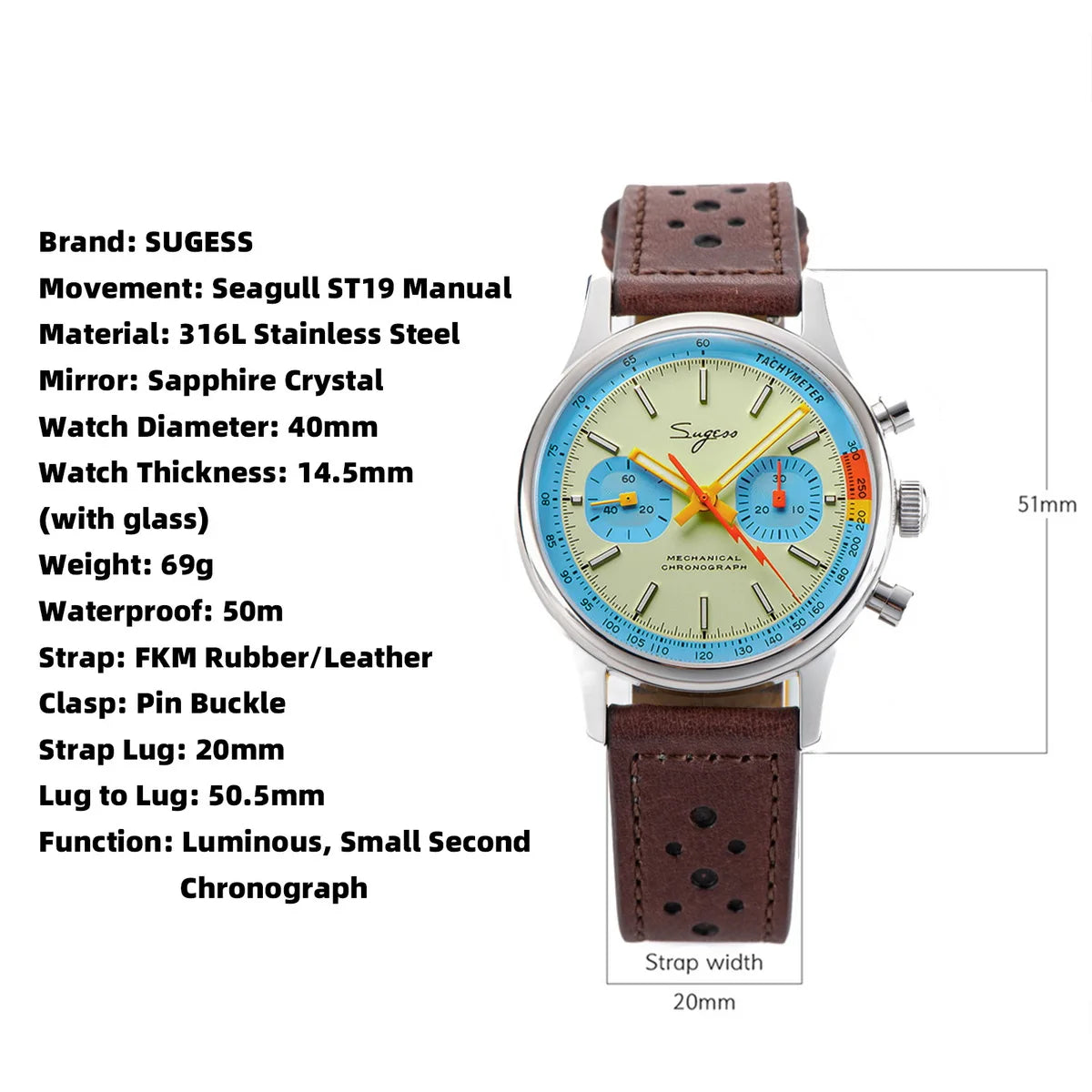 Sugess Pilot Men’s Chronograph Watch — Original ST1901 Mechanical Movement, Sapphire Crystal, Waterproof Racing Strap