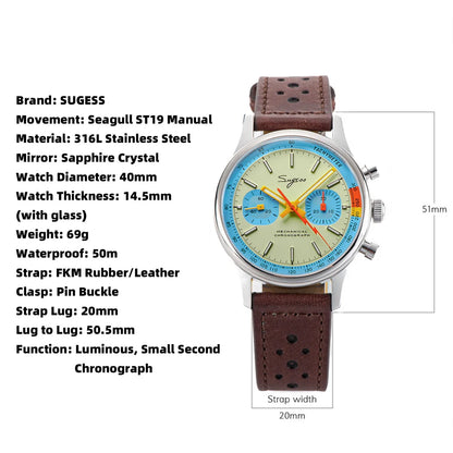 Sugess Pilot Men’s Chronograph Watch — Original ST1901 Mechanical Movement, Sapphire Crystal, Waterproof Racing Strap