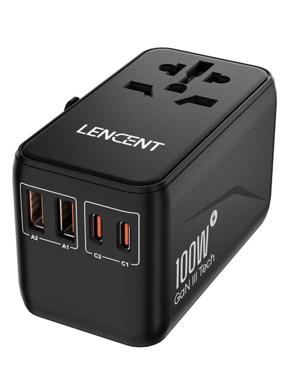 LENCENT 65W/100W GaN Fast Charging International Travel Adapter - 2 USB and 3 Type-C Ports, Includes EU, AU, US, UK Plugs