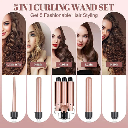5 in 1 Hair Curler Wand Set with Curling Brush – 0.35” to 1.25” Curling Iron, Heat Resistant Glove & Hair Clips