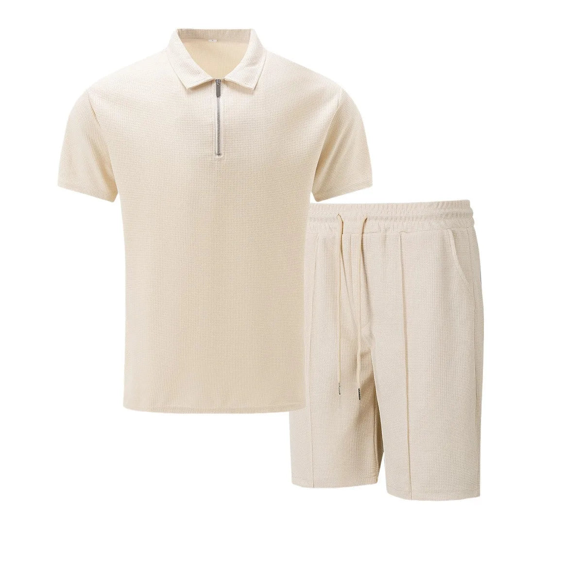 2025 Men's Summer Waffle Knit Short Set – Solid Color Zip-Up Lapel Shirt & Shorts | European & US Style