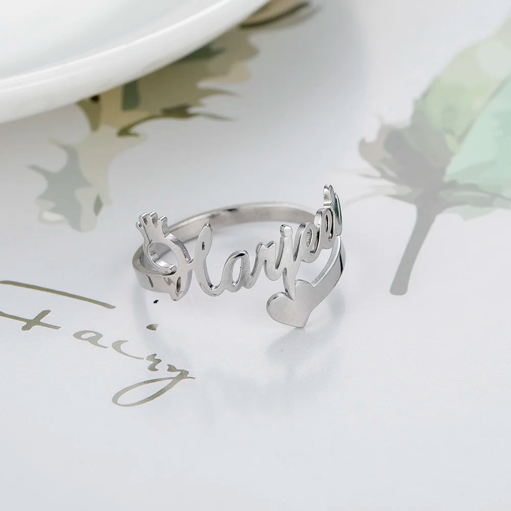 Custom Fishhook Double Name Finger Ring - Personalized Family & Couple Love Gift for Women & Men, Gold Stainless Steel Jewelry