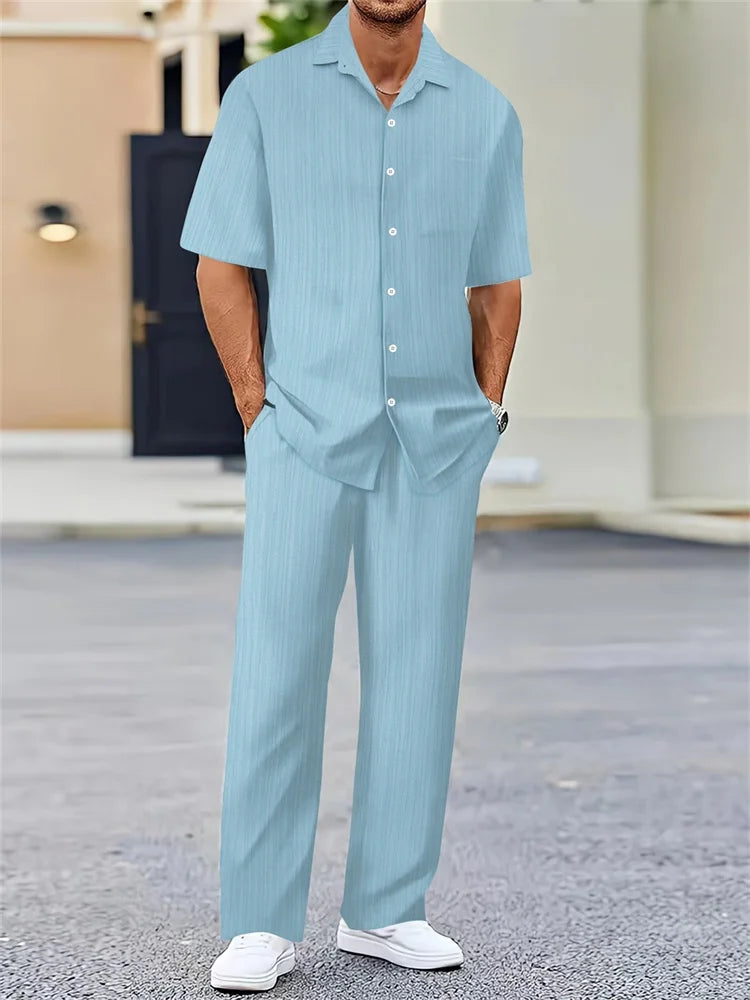 Men's Light Blue Striped Shirt Set - 3D Printed Casual Lapel Shirt for Autumn Outdoor Style