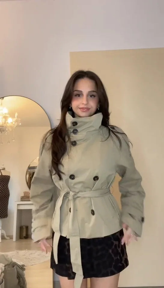 Women’s Belted Cropped Trench Jacket, Double-Breasted Stand Collar Coat – Chic Vintage Casual Fall 2025 Outerwear