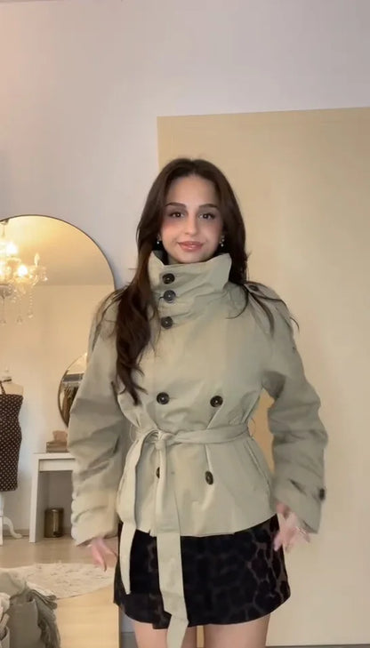 Women’s Belted Cropped Trench Jacket, Double-Breasted Stand Collar Coat – Chic Vintage Casual Fall 2025 Outerwear