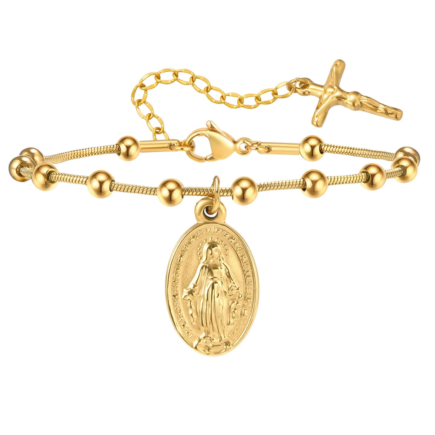 Vnox Gold Plated Rosary Bracelet – Stainless Steel Cross & Virgin Mary Religious Prayer Jewelry for Women & Girls Gift Accessories