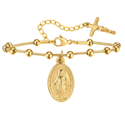 Vnox Gold Plated Rosary Bracelet – Stainless Steel Cross & Virgin Mary Religious Prayer Jewelry for Women & Girls Gift Accessories