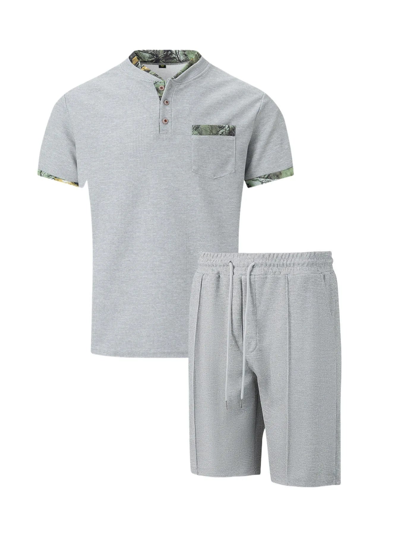 2025 Men's Summer Waffle Knit Short Set – Solid Color Zip-Up Lapel Shirt & Shorts | European & US Style