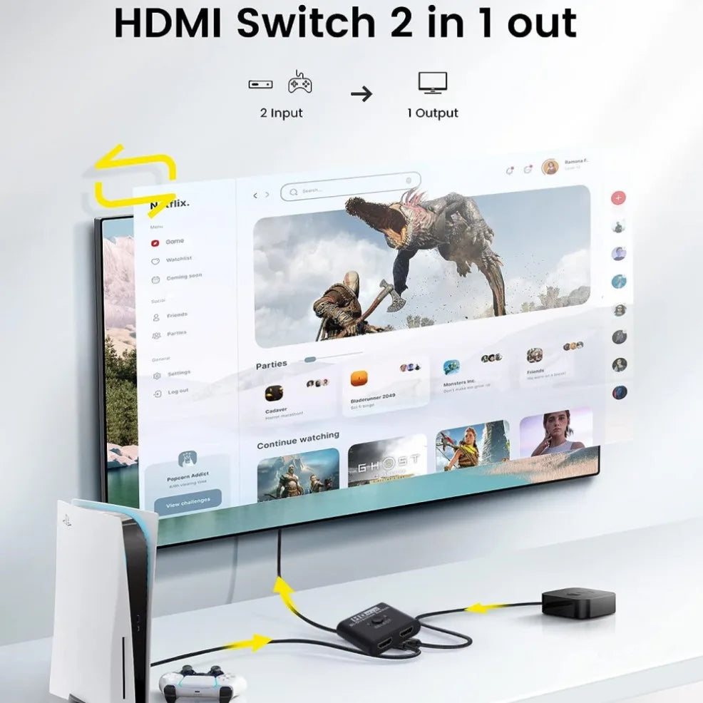 8K 60Hz HDMI Switch - 4K 120Hz Bi-Directional 2-Port HDMI Splitter for Laptop, PC, Xbox, PS3/4, TV, Monitor, Projector