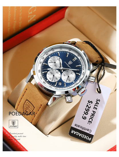 POEDAGAR Men's Luxury Sports Watch – Genuine Leather, Chronograph, Waterproof, Luminous Quartz Wristwatch