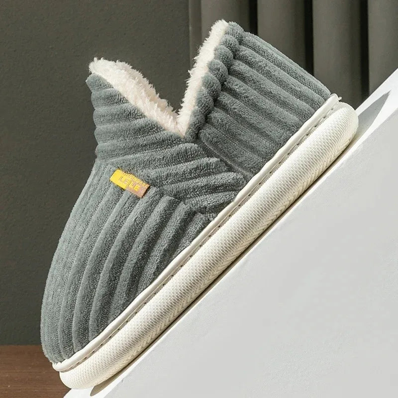 Winter Couple Striped Plush Slippers – Soft Non-Slip Warm Cotton Home Shoes for Men & Women