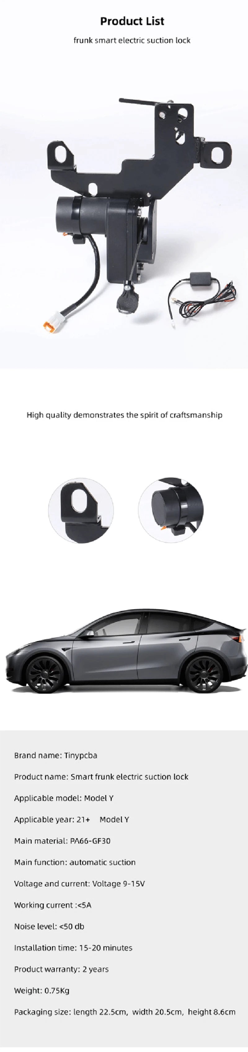 Tesla Model 3/Y/X/S 2021-2024 Frunk Soft Closing Lock – Automatic Electric Front Trunk Auto Close Closer