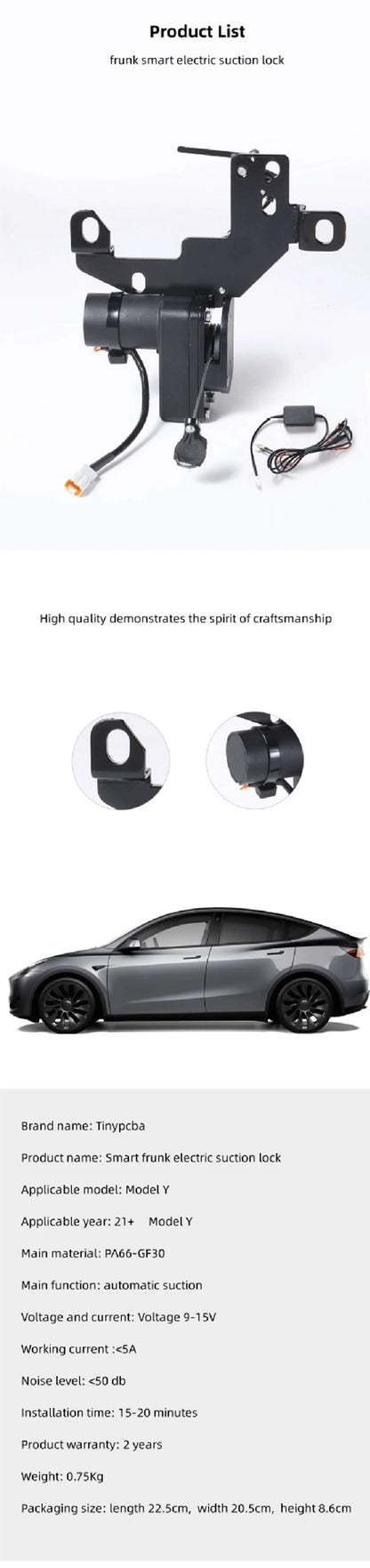 Tesla Model 3/Y/X/S 2021-2024 Frunk Soft Closing Lock – Automatic Electric Front Trunk Auto Close Closer