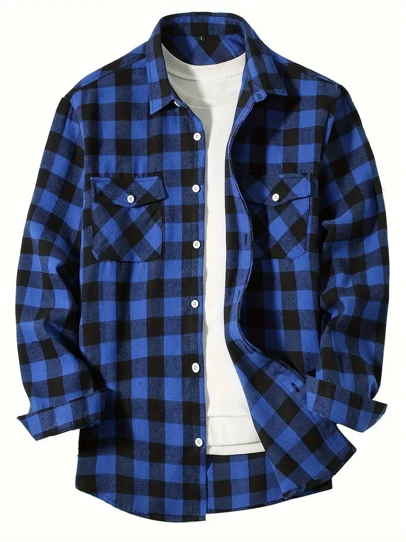 Men’s Brushed Cotton Flannel Shirt - Red Plaid Long Sleeve Business & Casual No-Iron Top