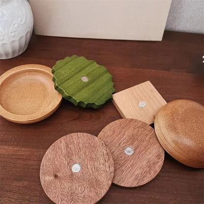 6PCS Hamburg Shape Teacup Tray Set – Solid Wood Coasters for Cupcakes, Snacks & Desserts, Anti-slip Burger Insulation Mats