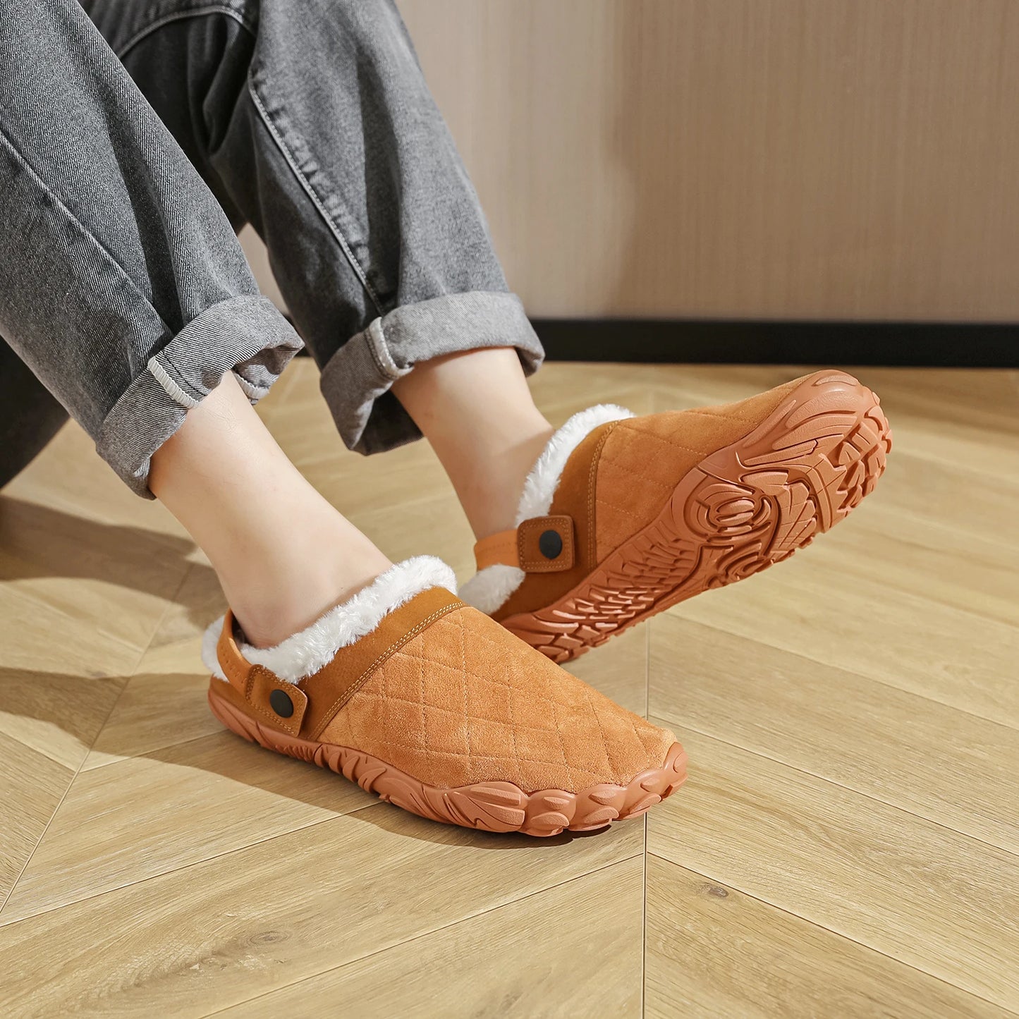 Chamois Leather Indoor Flip Flops – Warm Cotton Bedroom Slippers for Men & Women, Wide Toe Home Footwear