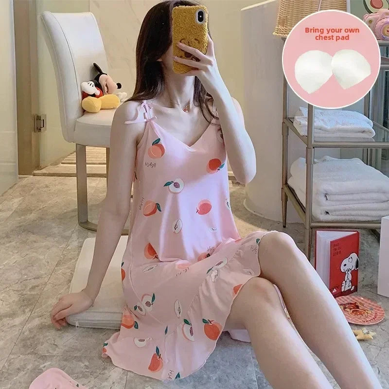 Women’s Cartoon Animal Pajama Set - Cute Loose Sling Nightgown with Bra Pad & Free Eye Mask for Sleepwear