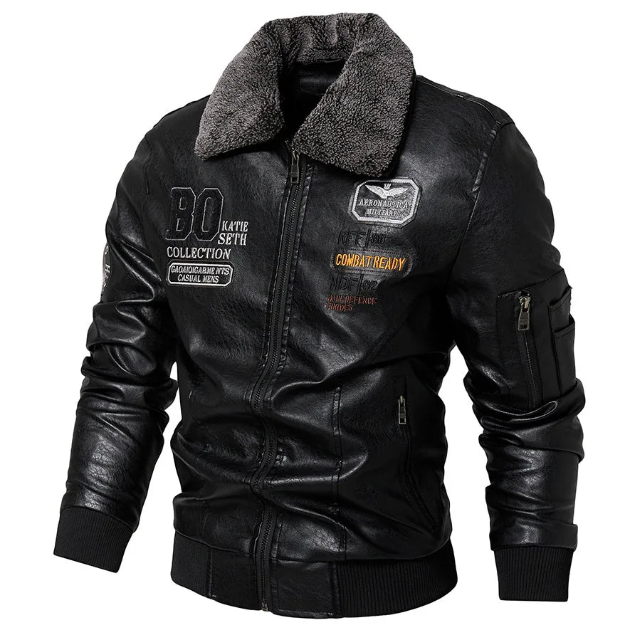 Men's Slim Fit Leather Bomber Jacket - Fur Collar Warm Flight Pilot Coat Black Outerwear