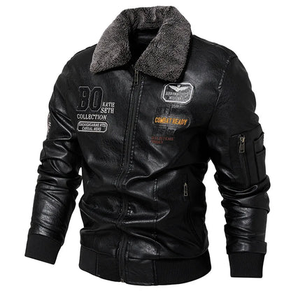 Men's Slim Fit Leather Bomber Jacket - Fur Collar Warm Flight Pilot Coat Black Outerwear