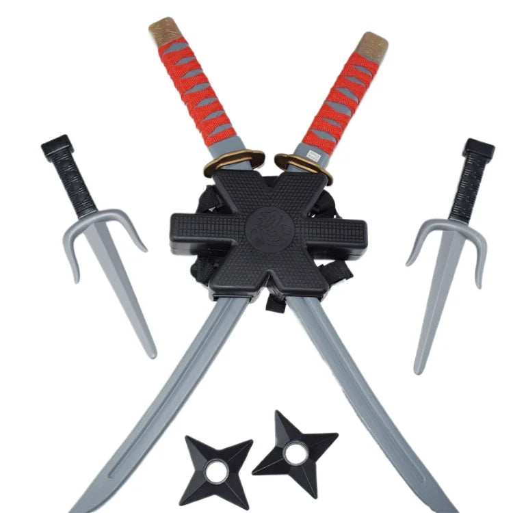 New 56cm Halloween Samurai Ninja Knife Set – 7-Piece Retro Plastic Daggers, Deadpool Cosplay Double Sword Props for Costumes and Toys