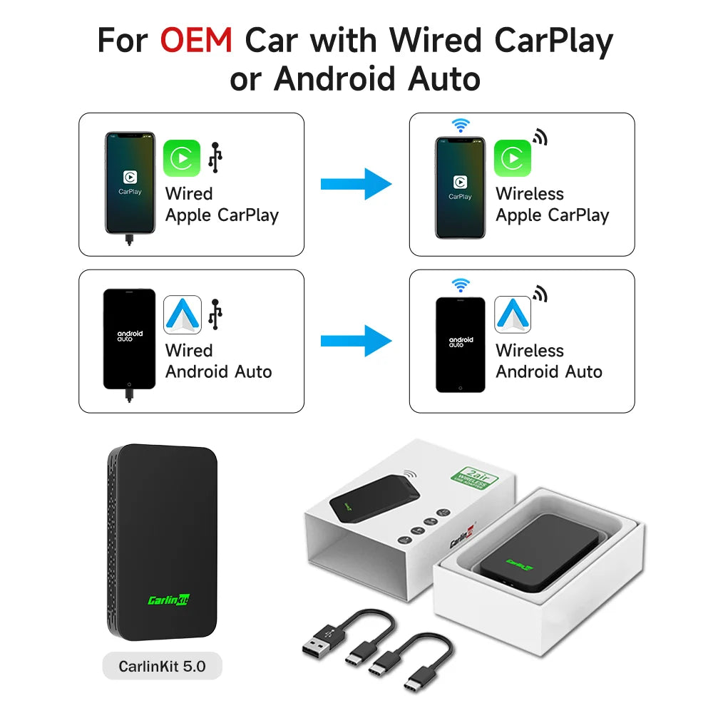 CarlinKit 5.0 & 4.0 Wireless CarPlay & Android Auto Adapter — Waze, Music, Spotify for Audi, Golf, Peugeot, Mazda, KIA, Mercedes, MG