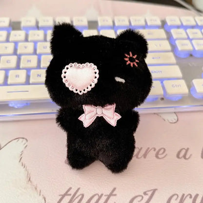 Cute Plush Cat Keychain - Kawaii Kitten Pendant with Heart Patch Bow Charm for Bag Decoration & Accessories